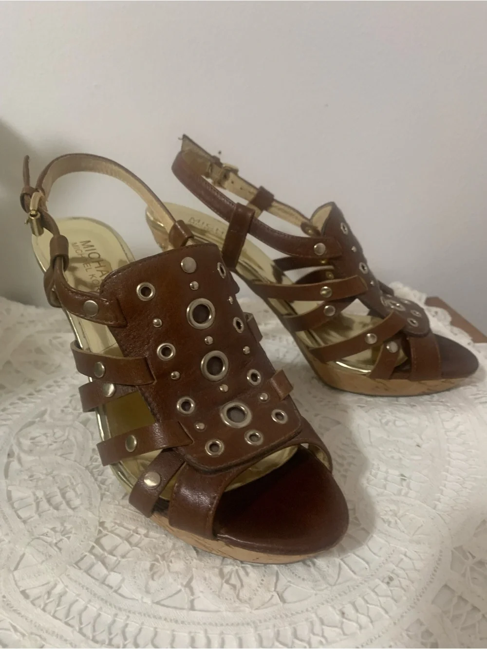 Michael Kors Laci Cork Heel Gold Rivets Ankle Buckle Size 7 1/2 MK Heel Monogram